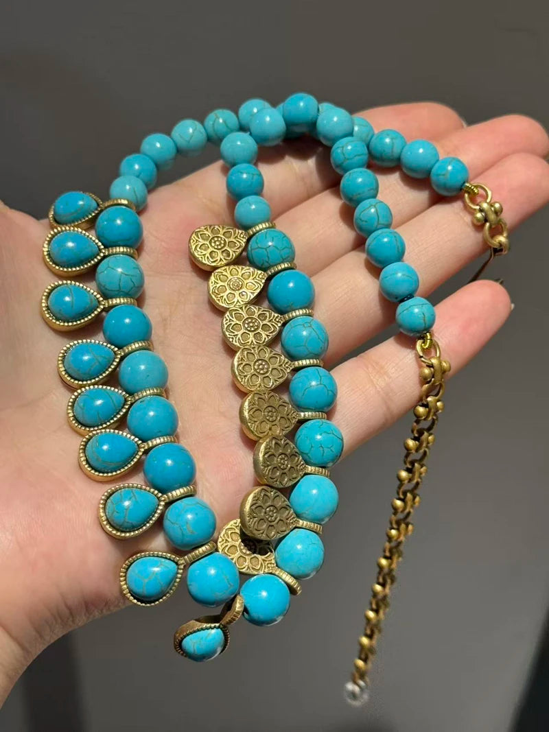 Bohemia Blue Natural Stone Water Drop Beads Chain Choker Necklace Vintage Jewelry for Woman Retro New in Boho Luxury Accessories