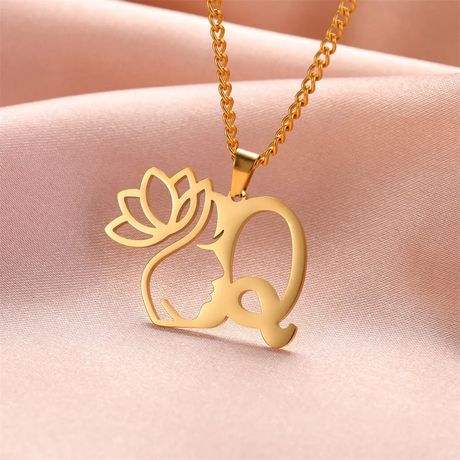 Lotus Flower Initial Letter Pendant, Personalized Stainless Steel Necklace