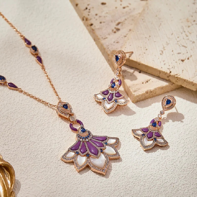 Designer Collection Stud Earrings Necklace Women Lady Inlay Cubic Zircon Mother Of Pearl Lapis Lazuli Dinner Party Jewelry Set