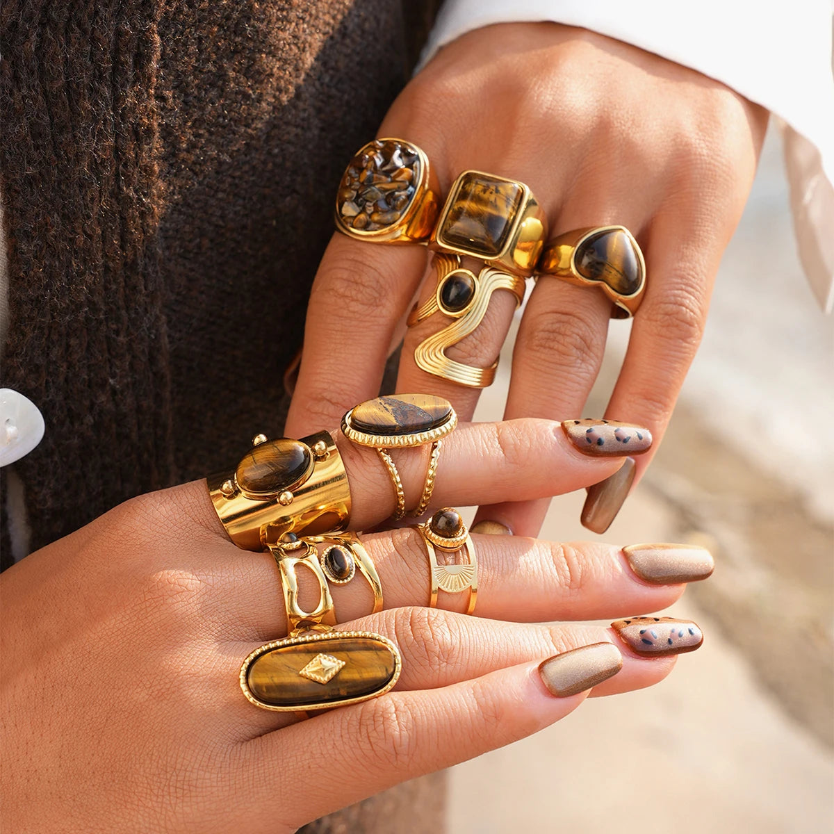 Creative Gold Plated Stainless Steel Rings for Women Simple Geometric Natural tiger Stone Finger Ring Boho Vintage Jewelry Gift