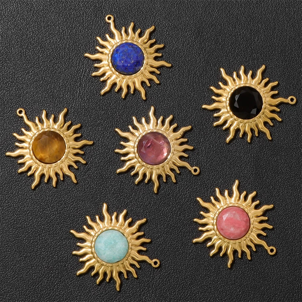 2pcs 25x30mm Gold Color Sun Shape Natural Stone Pendant Inlaid with Lapis Lazuli Gem Charm for Jewelry Making Necklace Earring