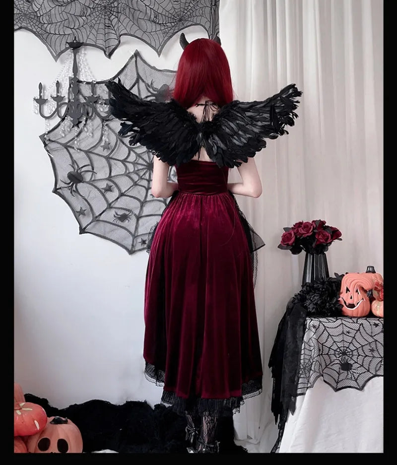 Cospaly Dark Gothic Halloween sexy lace dovetail halter dress Dovetail Witch Demon Vampire Ghost bridal dress - Charlie Dolly