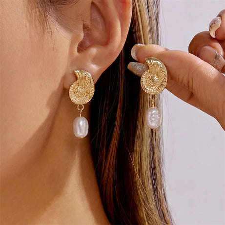 Boho Starfish, Conch and Scallop Pearl Pendant Earrings