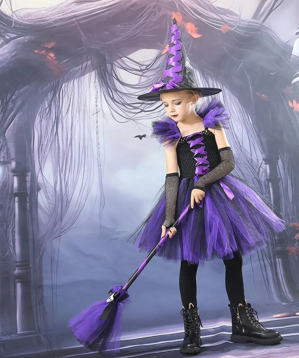 Halloween New Witch Dress Cosplay Costume Dress for Girl Carnival Party Dress Hat Broom Fancy Clothes Suit - Charlie Dolly