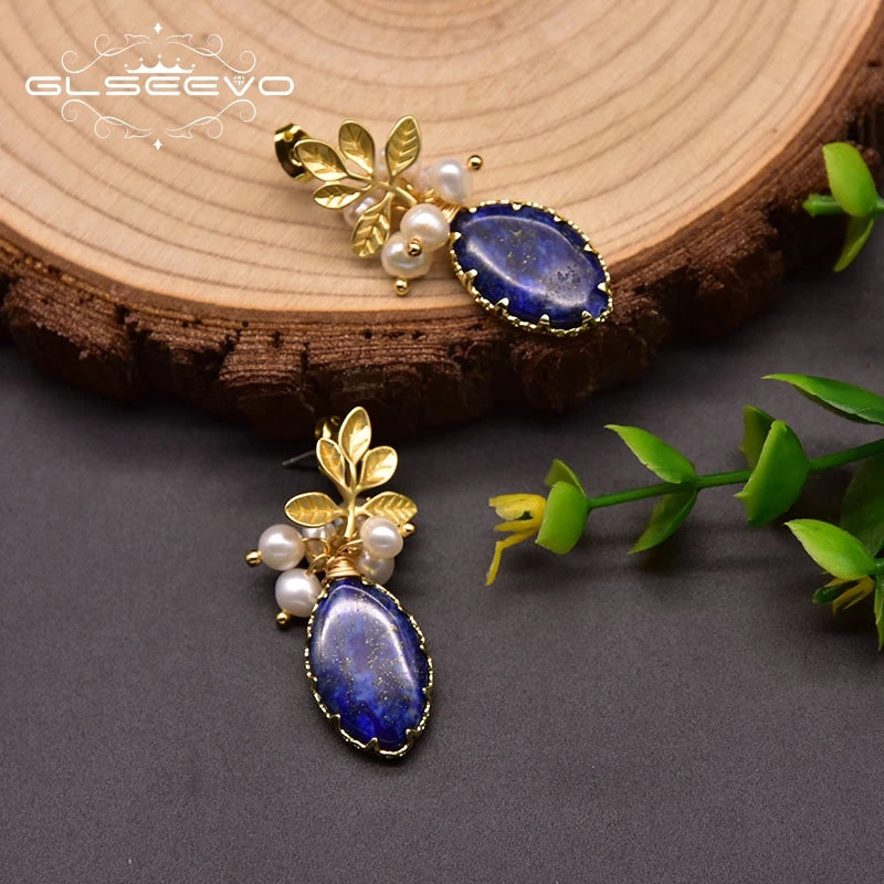 GLSEEVO Natural lapis lazuli Pearl Temperament Drop Earrings Women Girls Party Gift Original Design Luxury Jewellery Gift GE0988