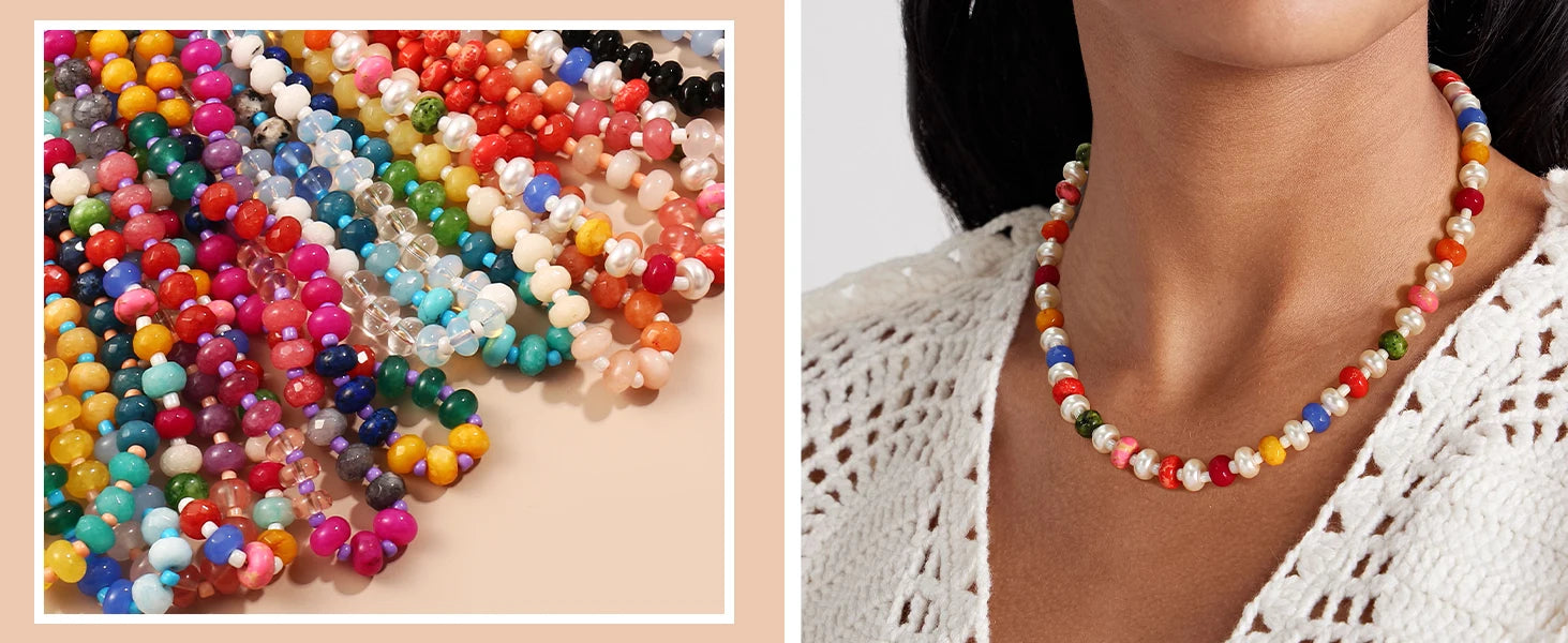 Badu Colorful Natural Stone Beads Necklaces for Women Bohomian Gemstone Beaded Choker Summer Beach Trendy Boho Jewelry Gift