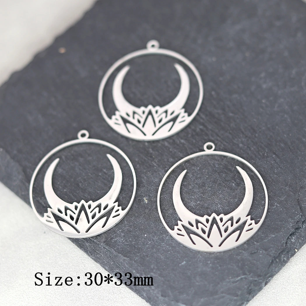 3pcs Exquiaite Amulet Moon Lotus Flower Charms DIY Craft Earrings Necklace Jewelry Making Yogo Buddhism Stainless Steel Pendant
