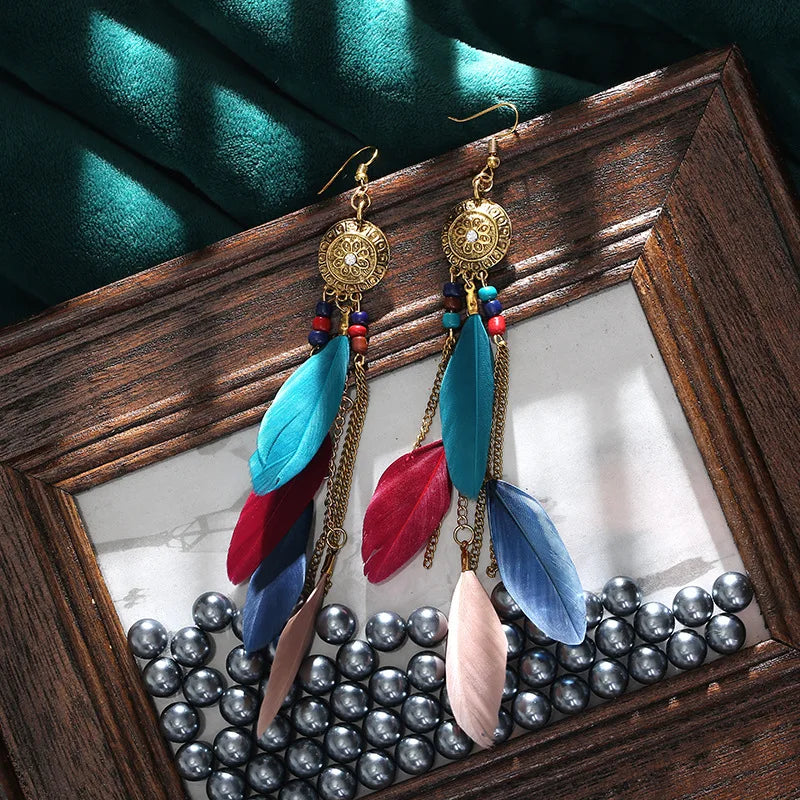 Trendy Bohemian Long Feather Drop Dangle Earrings For Women Crystal Flower Beads Handmade Wedding Vacation Boho Earrings Jewelry