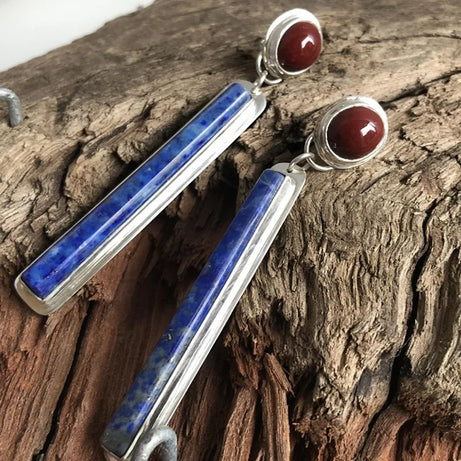 Retro Bohemian Rectangular Lapis Lazuli earrings, Fashionable Bluestone pendant, women's Jewelry Accessories - Charlie Dolly