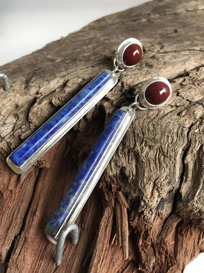 Retro Bohemian Rectangular Lapis Lazuli earrings, Fashionable Bluestone pendant, women's Jewelry Accessories