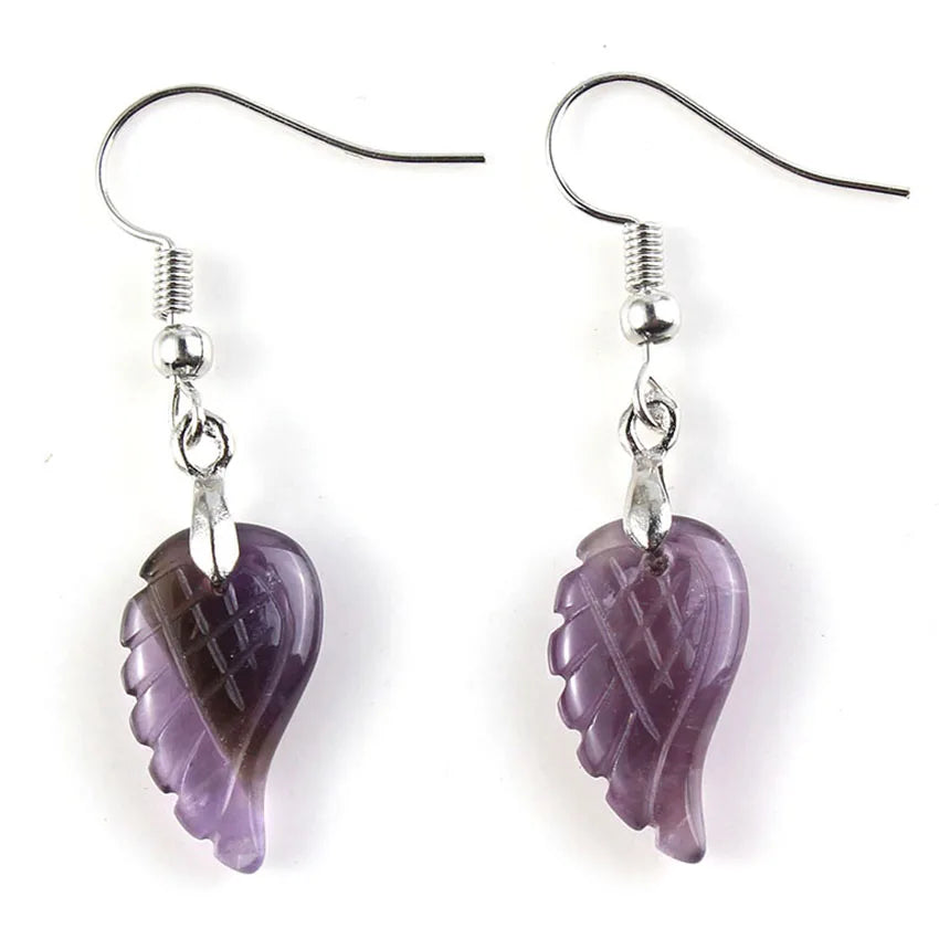 KFT Natural Carved Angel Wings Crystal Quartz Earring Lapis Lazuli Agate Dangle Hook Drop Stone Women Girls Earrings Jewelry