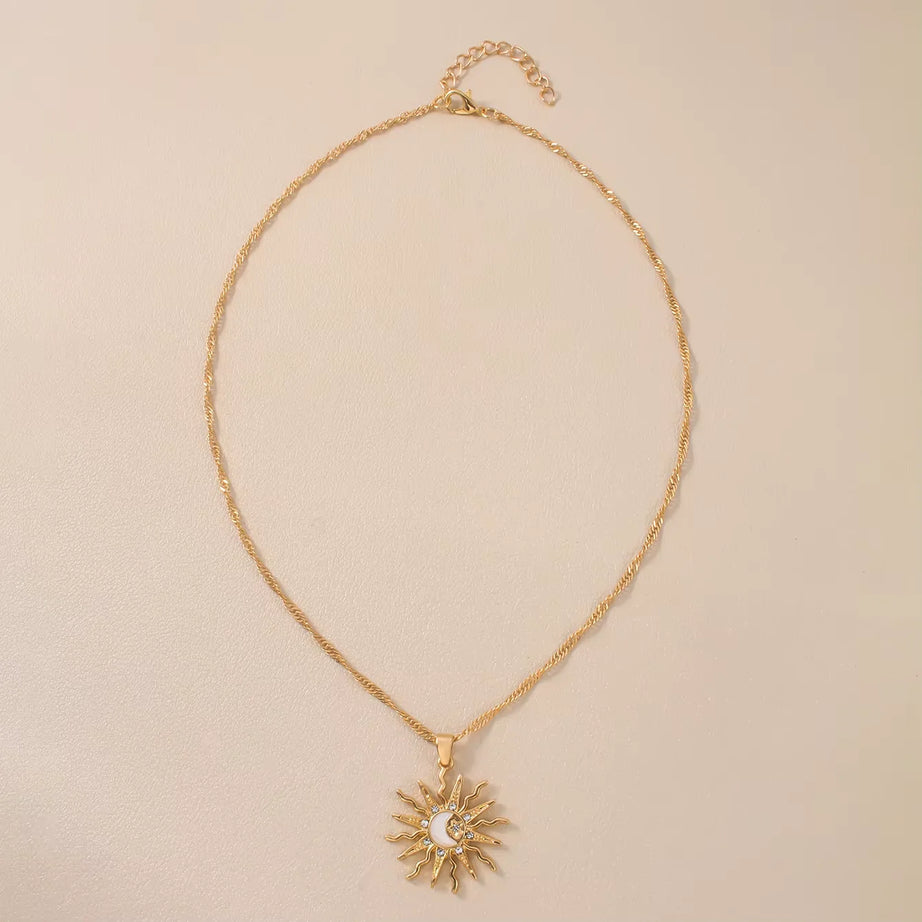 Sun Moon & Star Three-in-One Rhinestone Pendant Necklace, Vintage Celestial Talisman