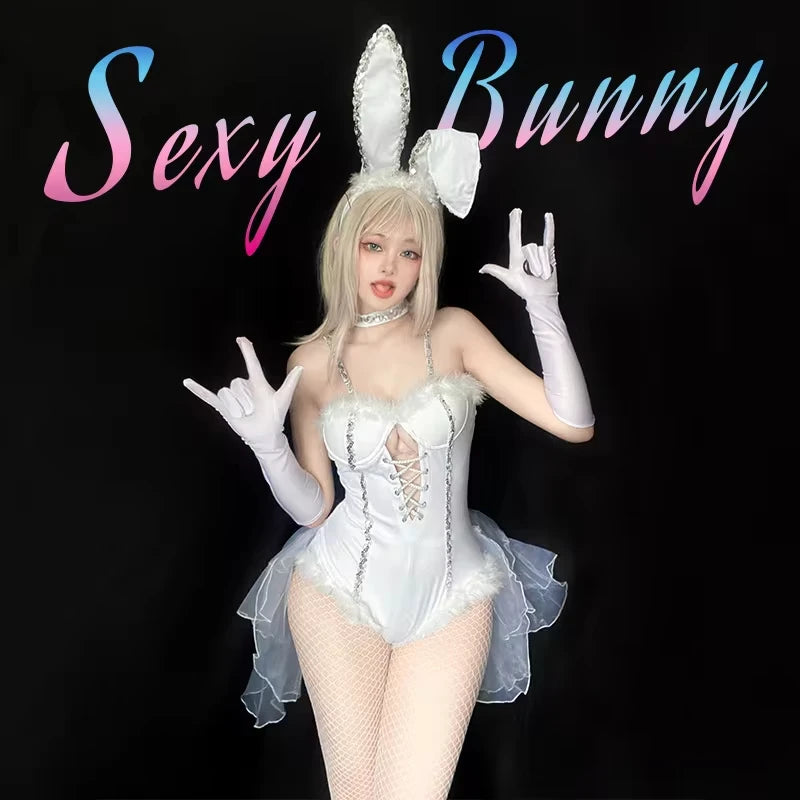 as Show / XL / CHINA Sexy Rabbit Costume Cosplay White Bunny Girl Suspender Bodysuit Women Jumpsuit Set Halloween Stage Show Carnival Club Clothes