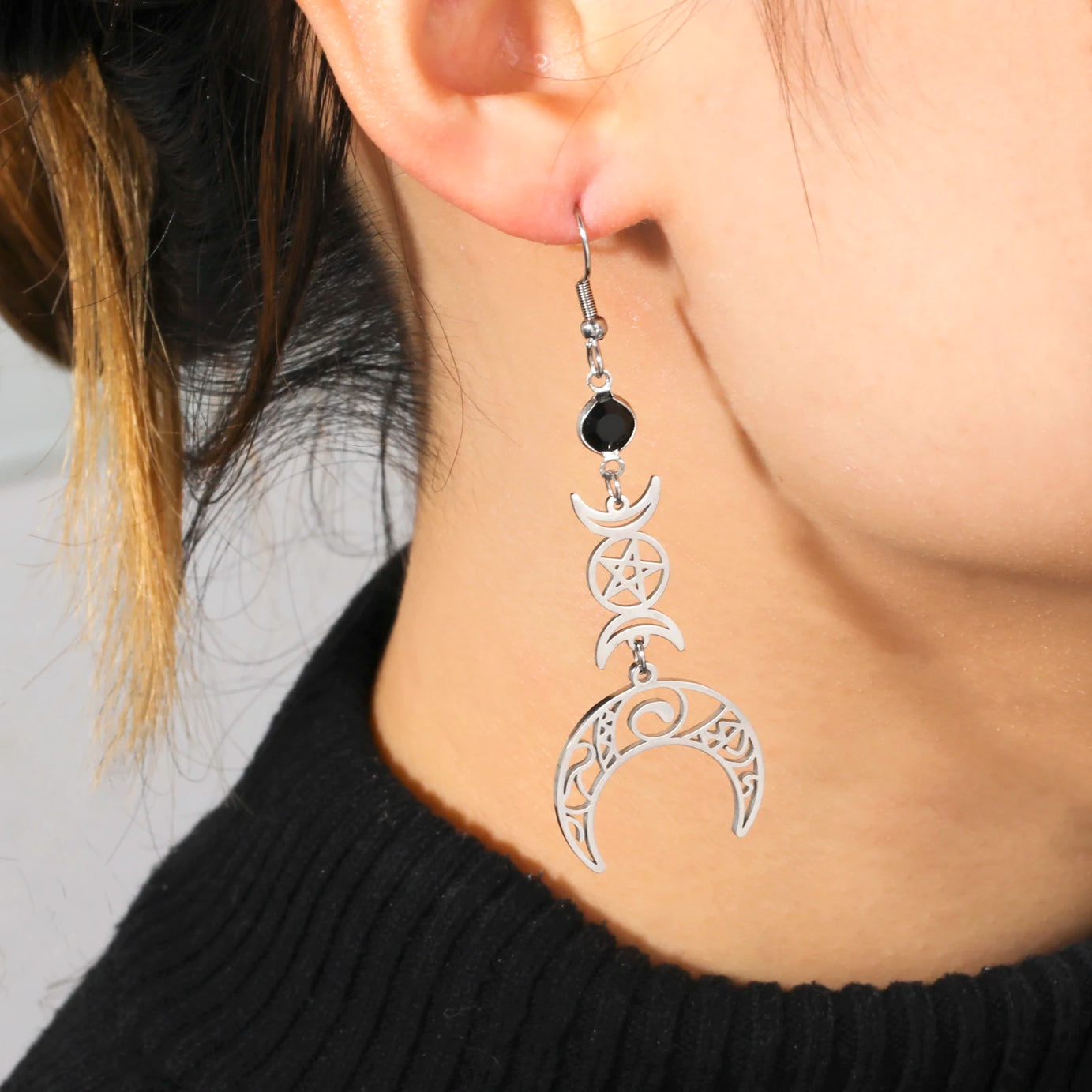 Triple Moon, Rune & Pentagram Hoop Earrings, Stainless Steel Witchy Amulet