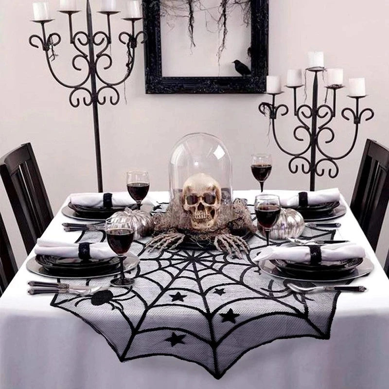 Halloween Bat Table Runner Black Spider Web Lace Tablecloth Fireplace Curtain for Halloween Party Home Decoration Horror Props - Charlie Dolly