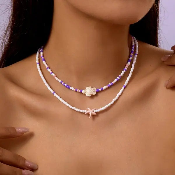 Boho Double Layer Beaded Starfish Shell Turtle Pendant Necklace Women Colorful Beads Clavicle Chain Choker Beach Party Jewelry