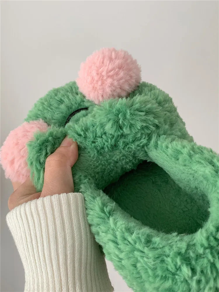 Cute Frog Cotton Home Slippers Women 2022 Winter Men And Women's Indoor Anti-skid Thick Soled Warm Woolen Household Shoes - Charlie Dolly