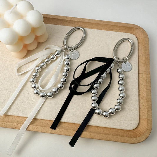 Elegant Pearls Ribbon Bowknot Bag Hanging Decoration Mobile Phone Keychain Luxury Retro Beads Key Rings Jewelry Girl Accessories