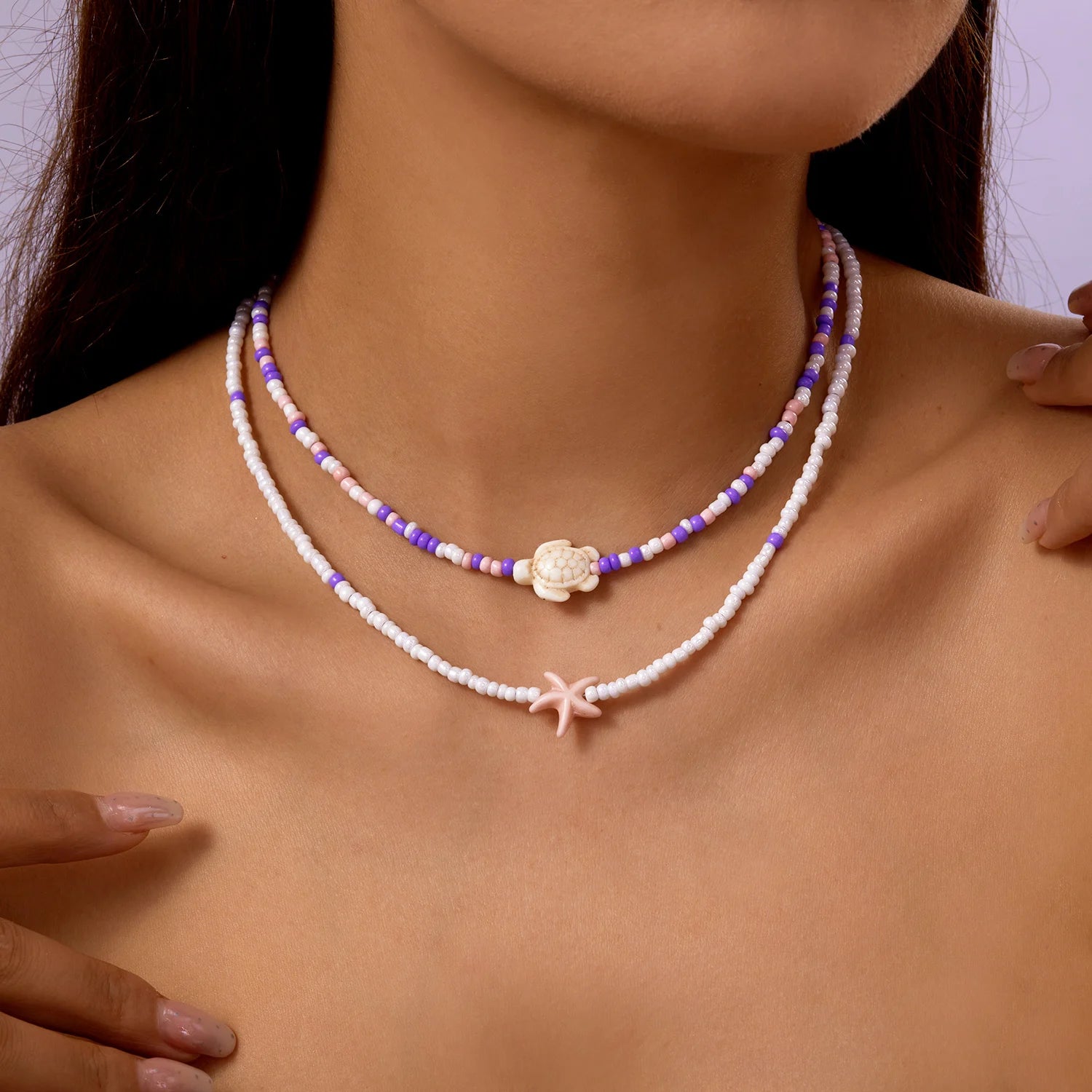 Boho Bohemian Sea Shell Starfish Pendant Necklaces For Women Double Layered Tortoise Imitation Pearl Bead Chain Beach Jewelry