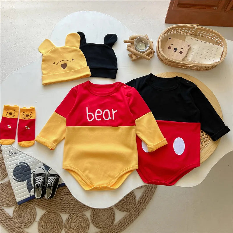 Spring Newborn Baby Rompers Sock Hat 3pcs Set Cartoon Mickey Mouse Pooh Boys Girls Jumpsuit Infant Costume Long Sleeve Bodysuits