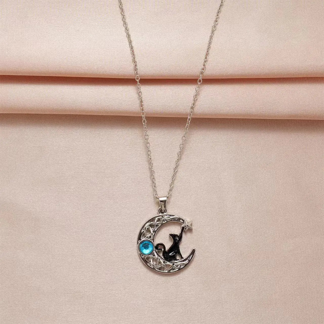 Gothic Black Cat Moon Pendant Necklace Vintage Aesthetic Crescent Kitten Moonstone Necklace for Women Men Halloween Jewelry Gift - Charlie Dolly