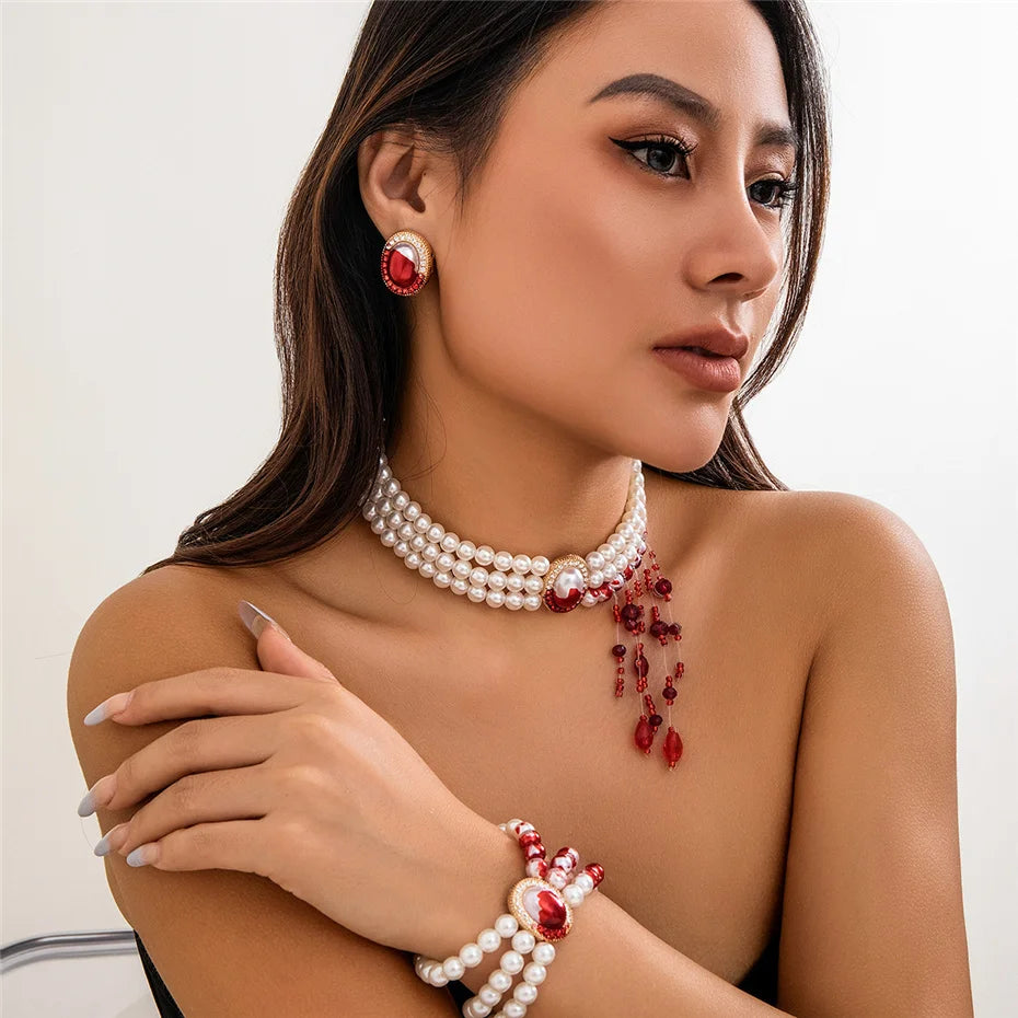 Goth Creative Red Blood Pattern Imitation Pearl Chain Necklace for Women Punk Long Tassel Beads Pendant Halloween Wed Jewelry - Charlie Dolly