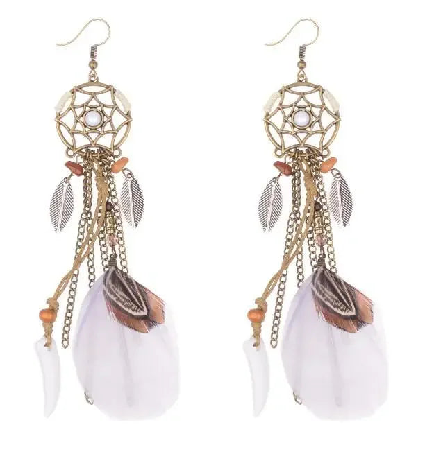 Boho Ethnic Dream Catcher Feather Antique Long Hook Earrings Fancy Handmade Chain Tassle Earring For Women Jewelry