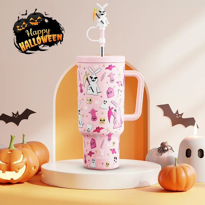 Meoky 40oz Tumbler Handle with Straw Cute Stopper Stainless Steel Insulation Coffee Cup Luminous Vacuum Car Mug Halloween Gifts - Charlie Dolly