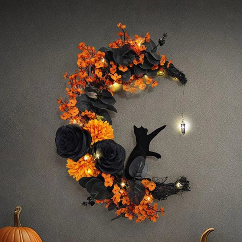 Halloween Signs Moon Shaped Door Wreaths Goth Roses Black Cats Garland Front Door Ornament Halloween Decor - Charlie Dolly