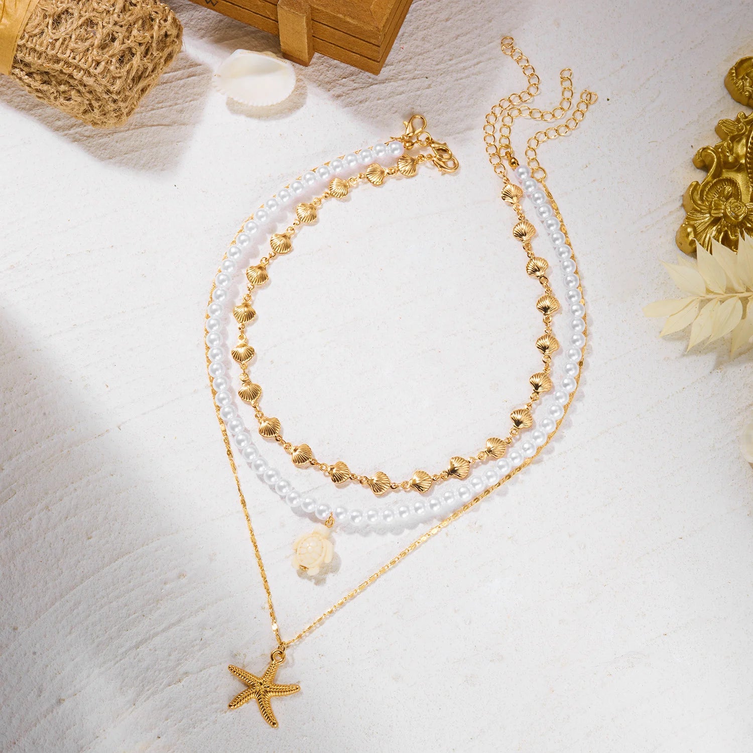 Dainty Shell Starfish Rice Beads Pendant Necklace for Women Boho Sea Star Layered Clavicle Chain Beach Party Jewelry Gift