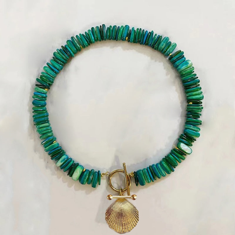 Summer Fashion Classic Irregular Green Shell Stone Short Necklace OT Button Copper Alloy Sea Shell Pendant Beach Choker Gift - Charlie Dolly