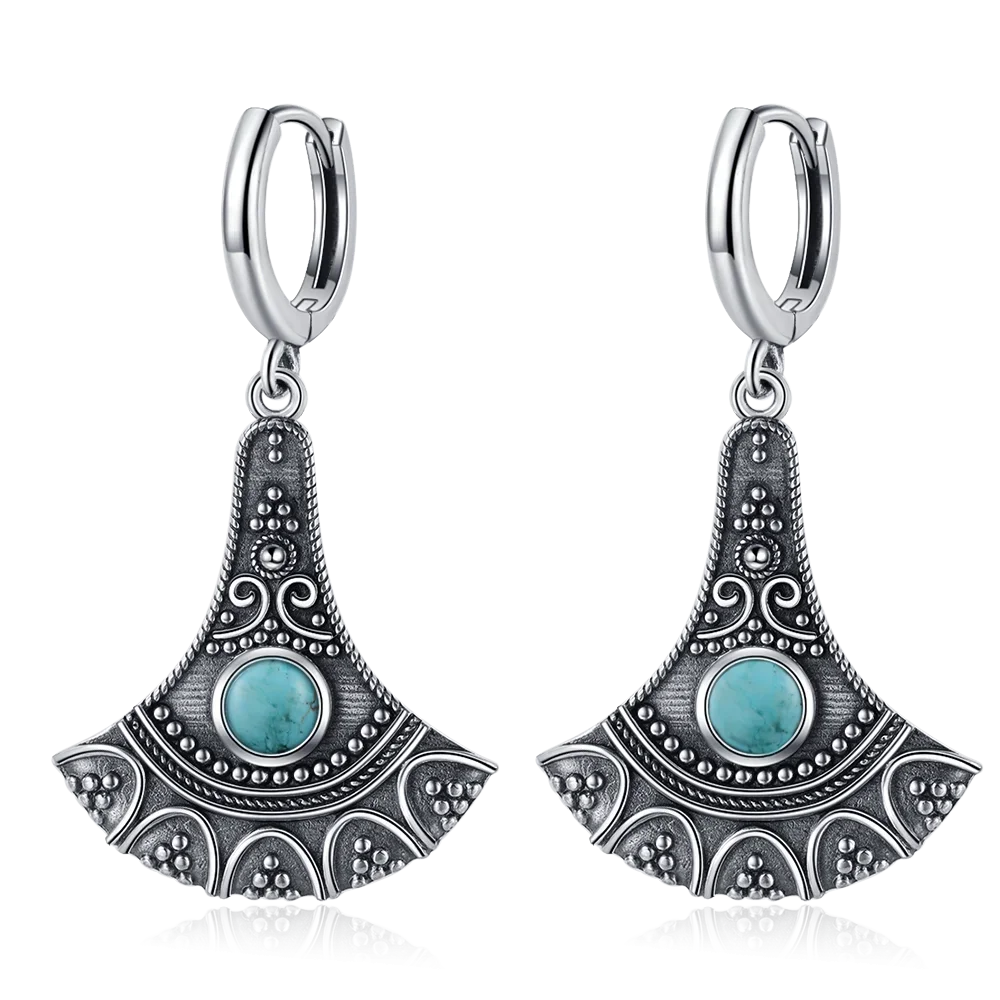 Natural Stone Sun Flower Hoop Earrings for Women, Vintage Antique Silver Turquoise Amethyst Labradorite Dangle Earring Wholesale