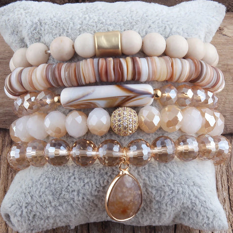 Fashion Beaded Boho Bracelet 5pc Green Natural Stone /Glass Stack Bracelet Sets For Women Boho Jewelry Gift - Charlie Dolly