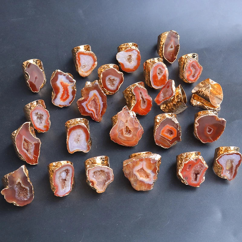 Irregular Natural Geode Stone Rings Agate Slices Wide Open Ring for Women Men Boho Resizable Finger Jewelry