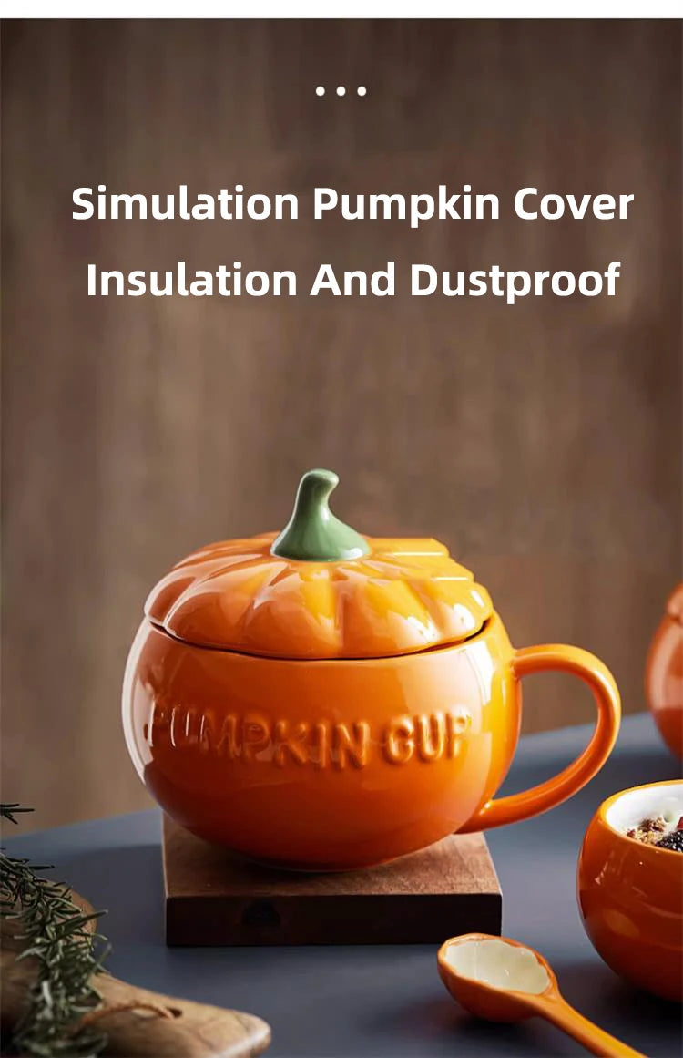 300/450ML Halloween Pumpkin Shaped Ceramic Cup With Spoon Kawaii Soup Mug With Lid  Oatmeal Cup Creative Water Cup - Charlie Dolly