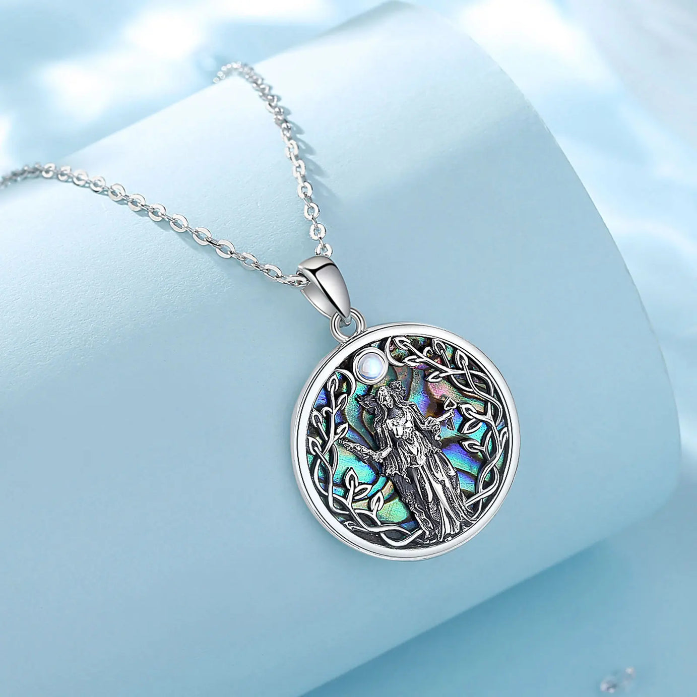 S925 Sterling Silver Triple Moon Goddess Pendant Necklace, Hecate Natural Abalone Amulet