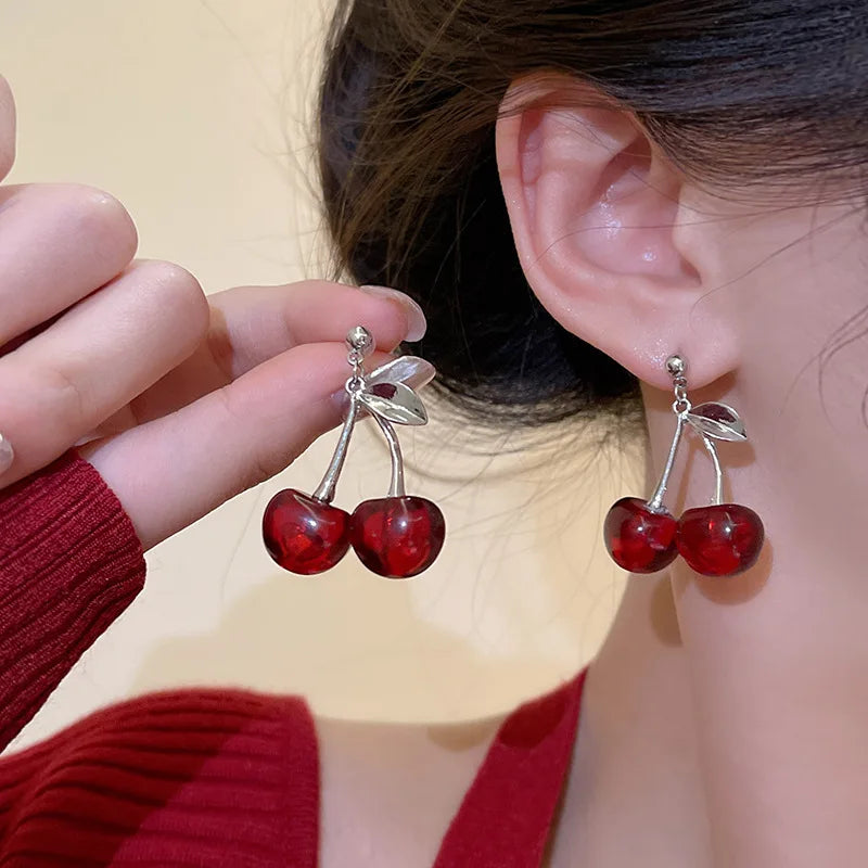 New Small Fresh Sweet Red Cherry Earrings Lovely Cherry Cherries Earrings Pendant Fruit Earrings for Women Charm Jewelry Gift - Charlie Dolly