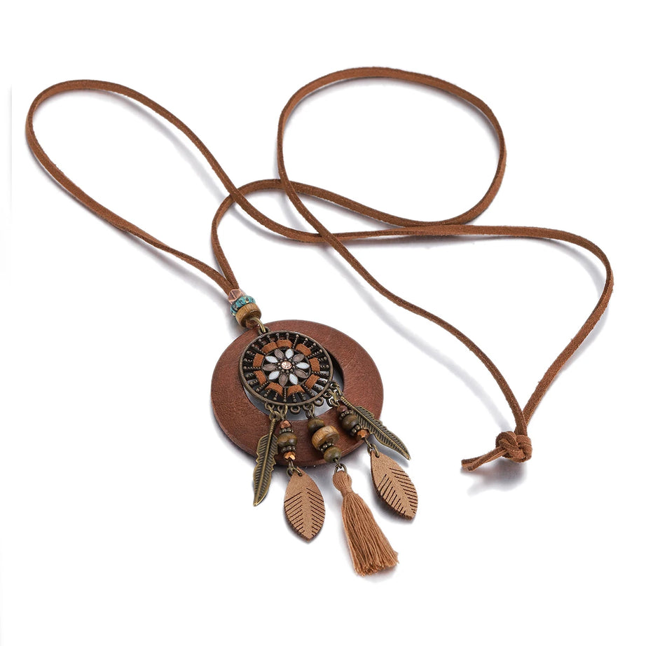 Wood Flower Bead Leaf Tassel Long Necklace Jewelry