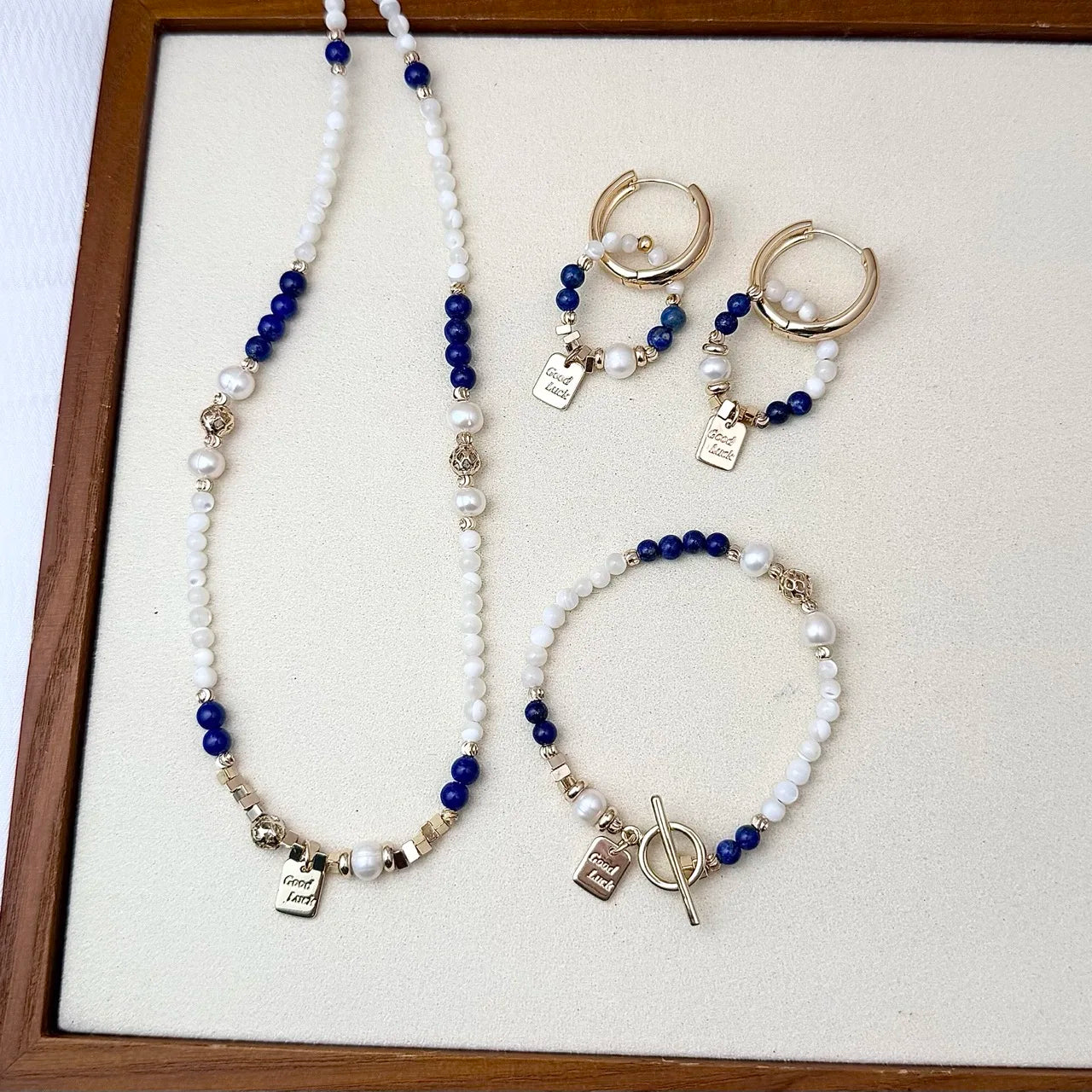 Lapis Lazuli Freshwater Pearl Metal Combined Jewelry Set Necklace Bracelet Earrings 3Piece Set Minimalist Luxury Niche High End