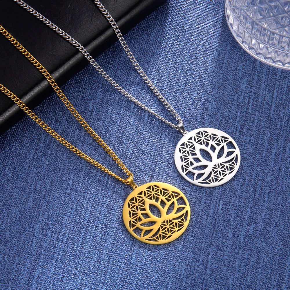 Dawapara Lotus Flower of Life Necklace Stainless Steel Women Jewelry Buddhism Peace Symbol Yoga Meditation Amulet Pendant