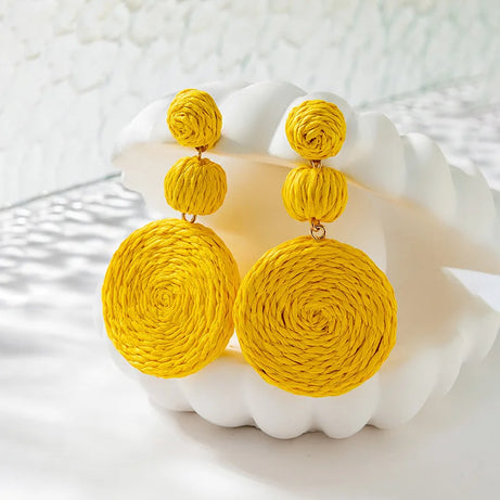Yellow Raffia Knit Round Drop Earrings Jewelry