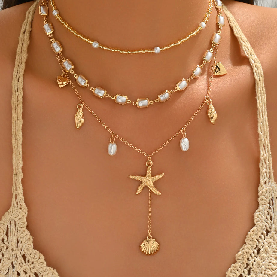 Cowrie Shell and Pearl Layered Boho Necklace Set (3 Pieces)