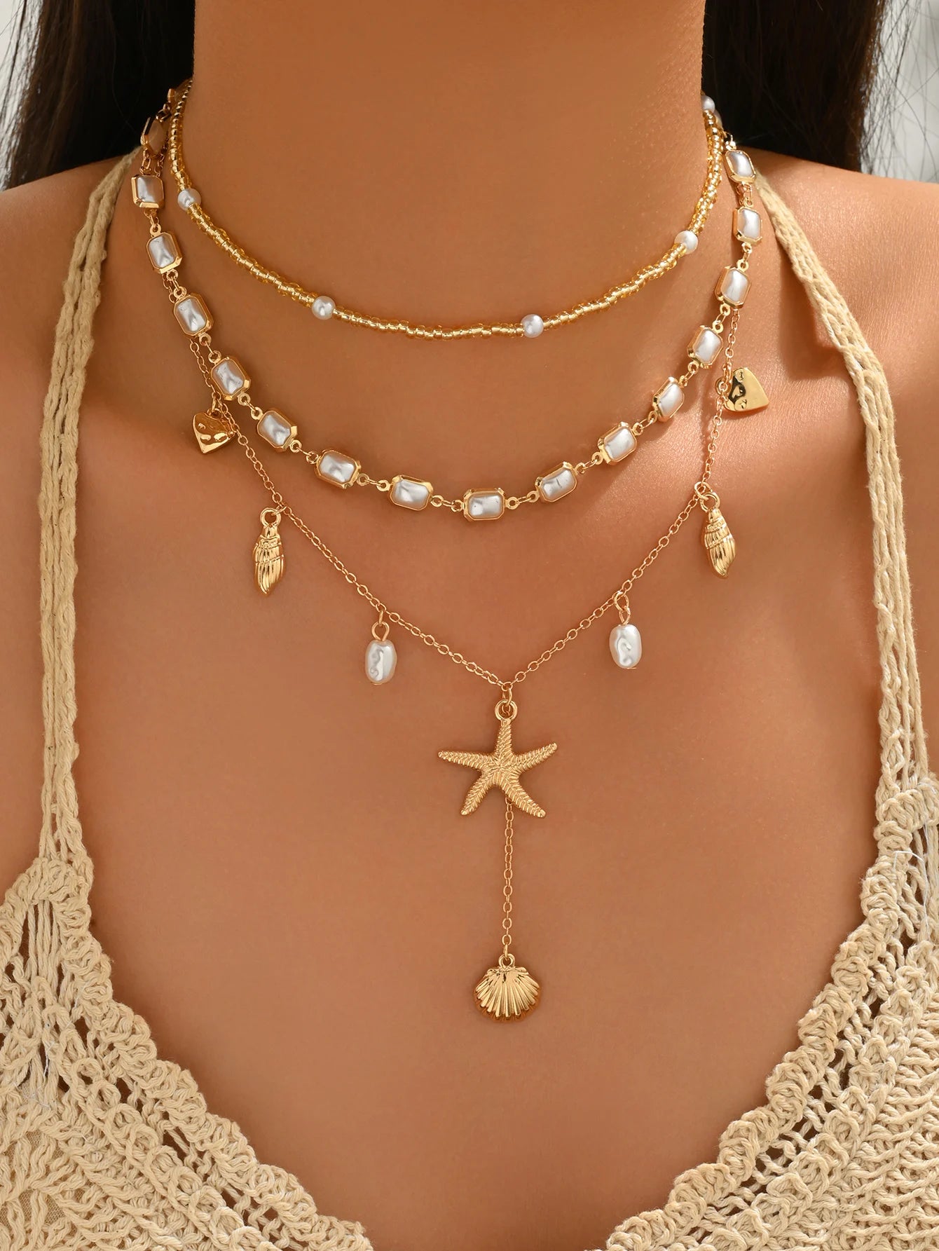 3Pcs Layered Cowrie Shell Imitation Pearl Necklace Set Starfish Shell Pendant Boho Summer Beach Jewelry for Women