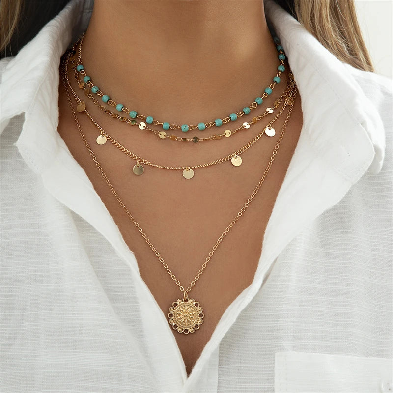 Sequin Tassel Star Moon Layered Choker Necklace Jewelry
