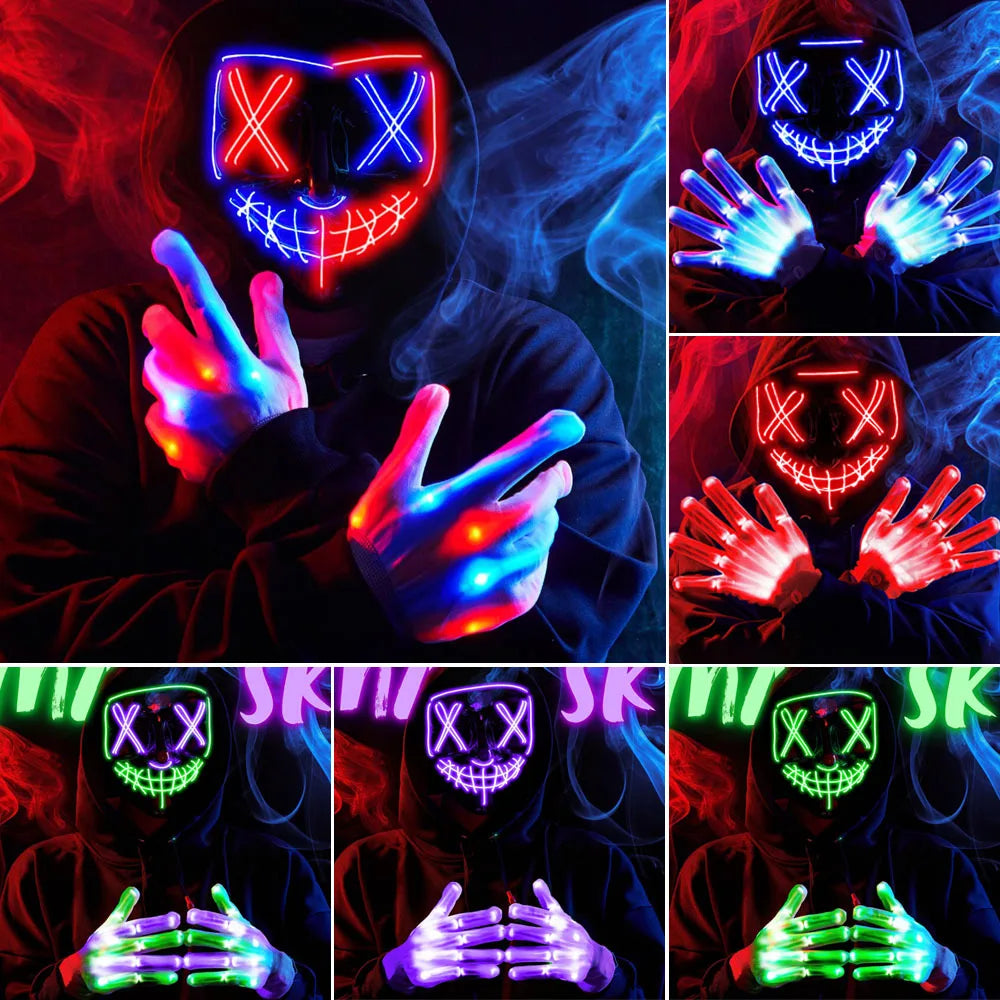 Halloween Mask Skeleton Gloves Set Light Up Scary LED Mask with Glow Anonymous Carnival Costumes glow purge Masks for Boys Girl - Charlie Dolly