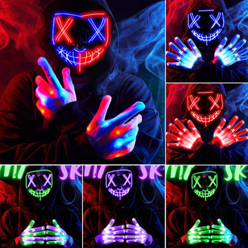 Halloween Mask Skeleton Gloves Set Light Up Scary LED Mask with Glow Anonymous Carnival Costumes glow purge Masks for Boys Girl