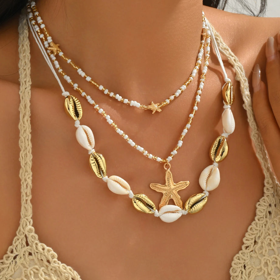 Three Layered Cowrie Shell and Starfish Boho Necklace