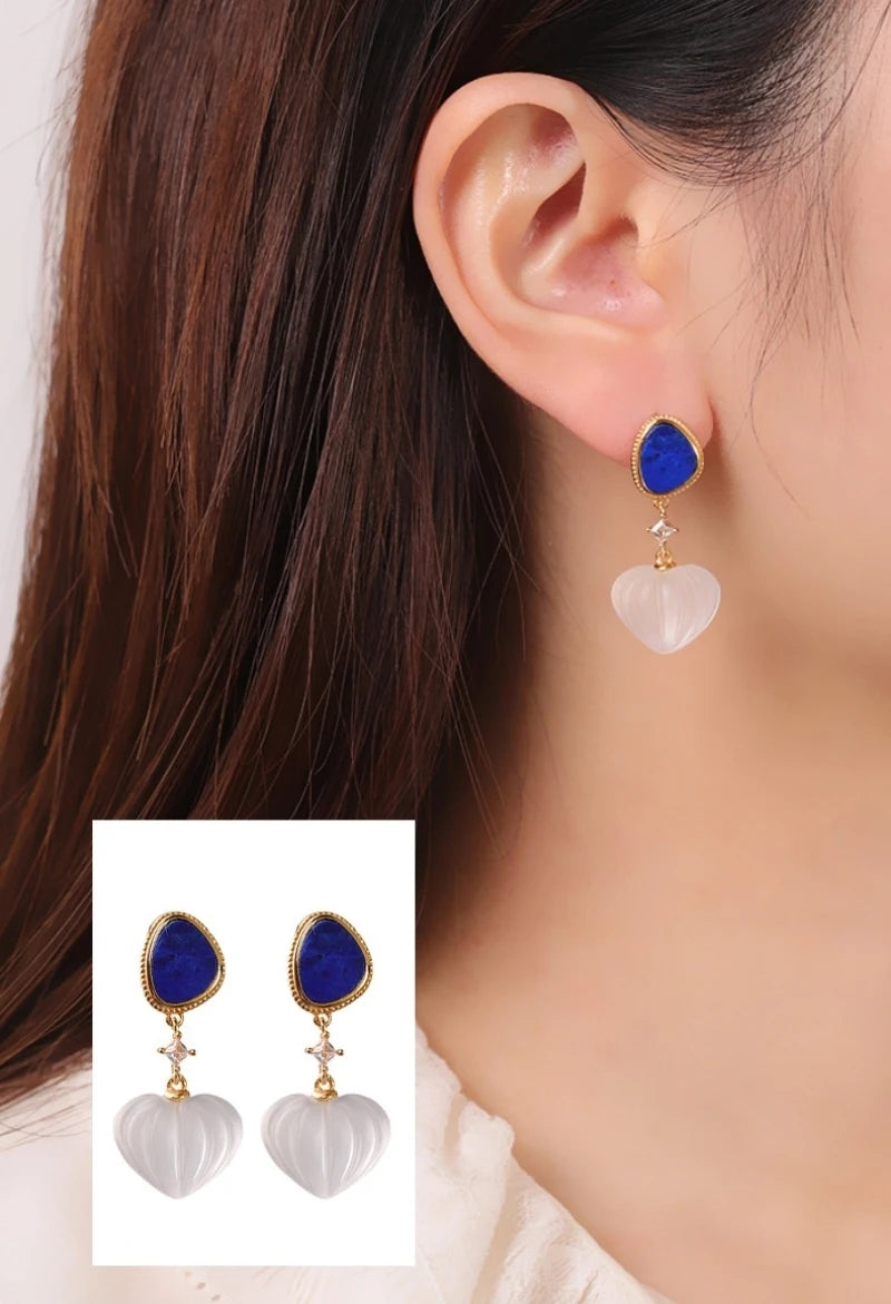 GEEZENCA 925 Silver Lapis Lazuli White Crystal Women's Drop Earrings 18K Gold Heart Waterdrop Dangle Earring Love Gift For Her