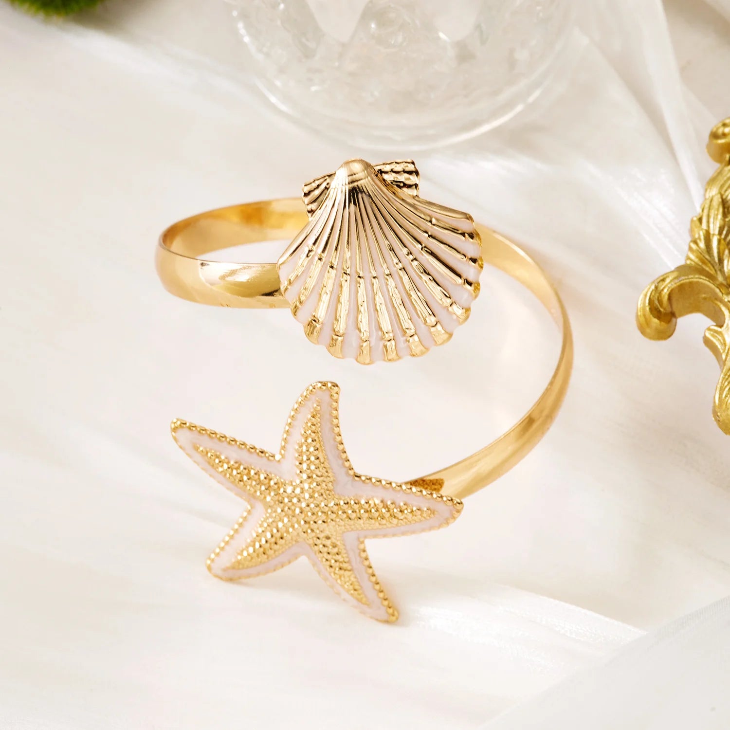 Boho Summer Starfish Shell Open Bangle for Women Gold Color Metal Blue Enamel Marine Bracelet Fashion Beach Vacation Jewelry