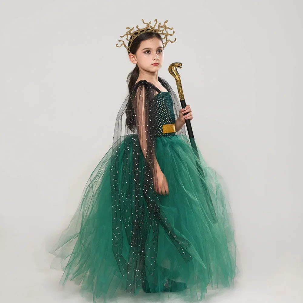 Green Medusa Girls Costume With Headpiece For Kids Cosplay Halloween Medusa Dresses Greek Roman Kids Fancy Gown Tutu Dress 2024 - Charlie Dolly
